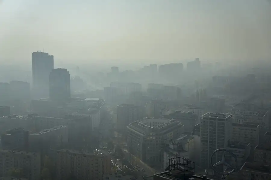 Bloki i biurowce Śródmieścia Warszawy w szarej mgle pyłu